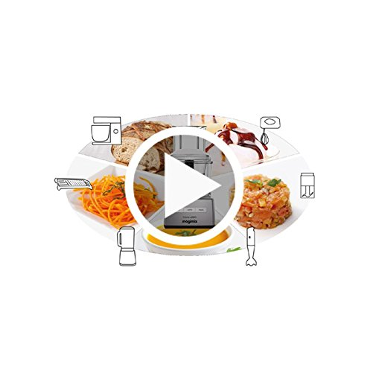 Un video animato sulla preparazione del cibo con il Magimix. Vengono mostrati vari piatti.