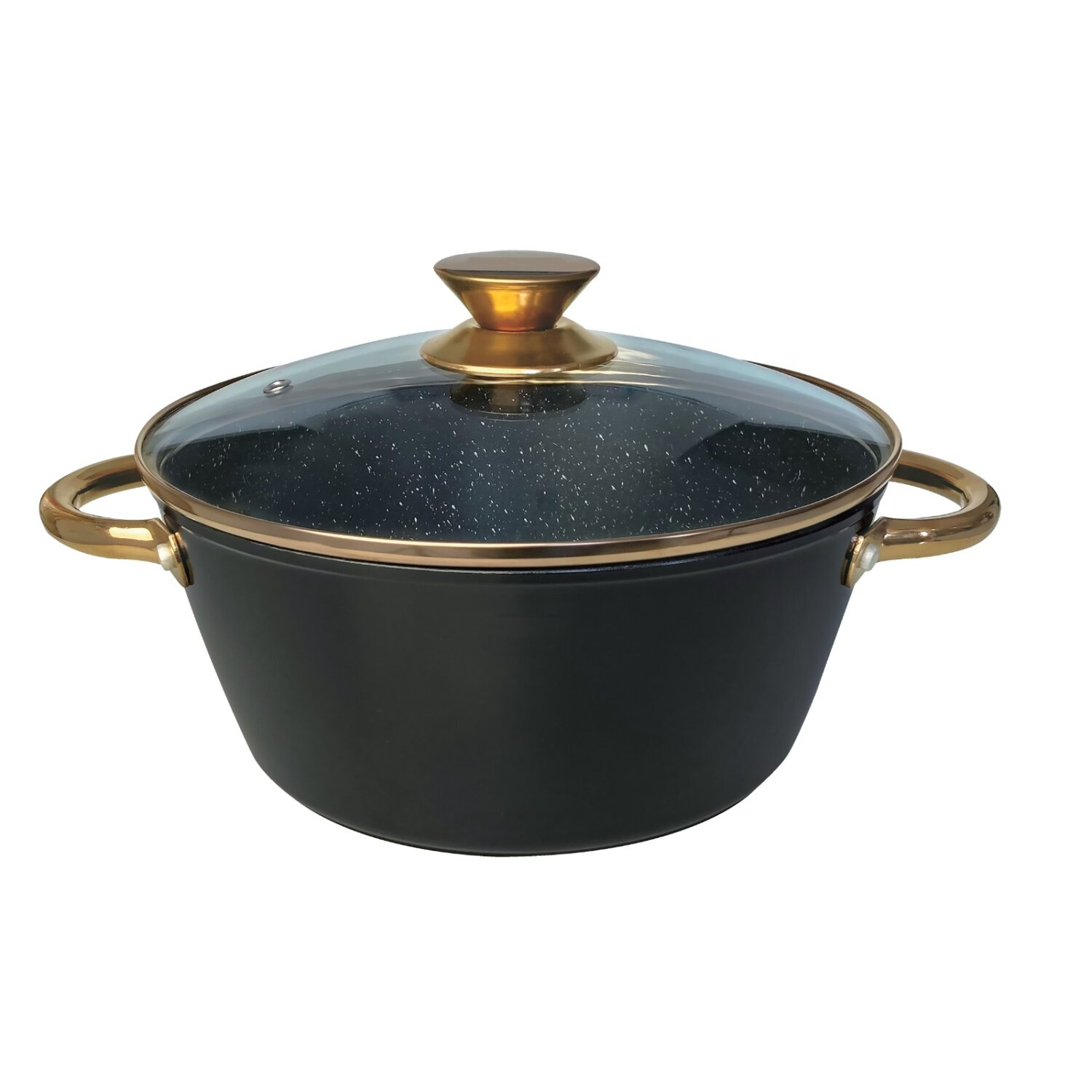 Schwarzer Kochtopf mit goldenem Rand und Griff, und transparentem Deckel.