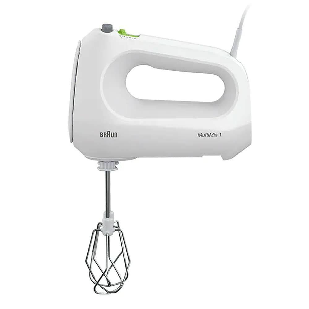 Weißer Braun MultiMix 1 Handmixer. Der Schneebesen-Aufsatz ist sichtbar. Sauberer, weißer Hintergrund.