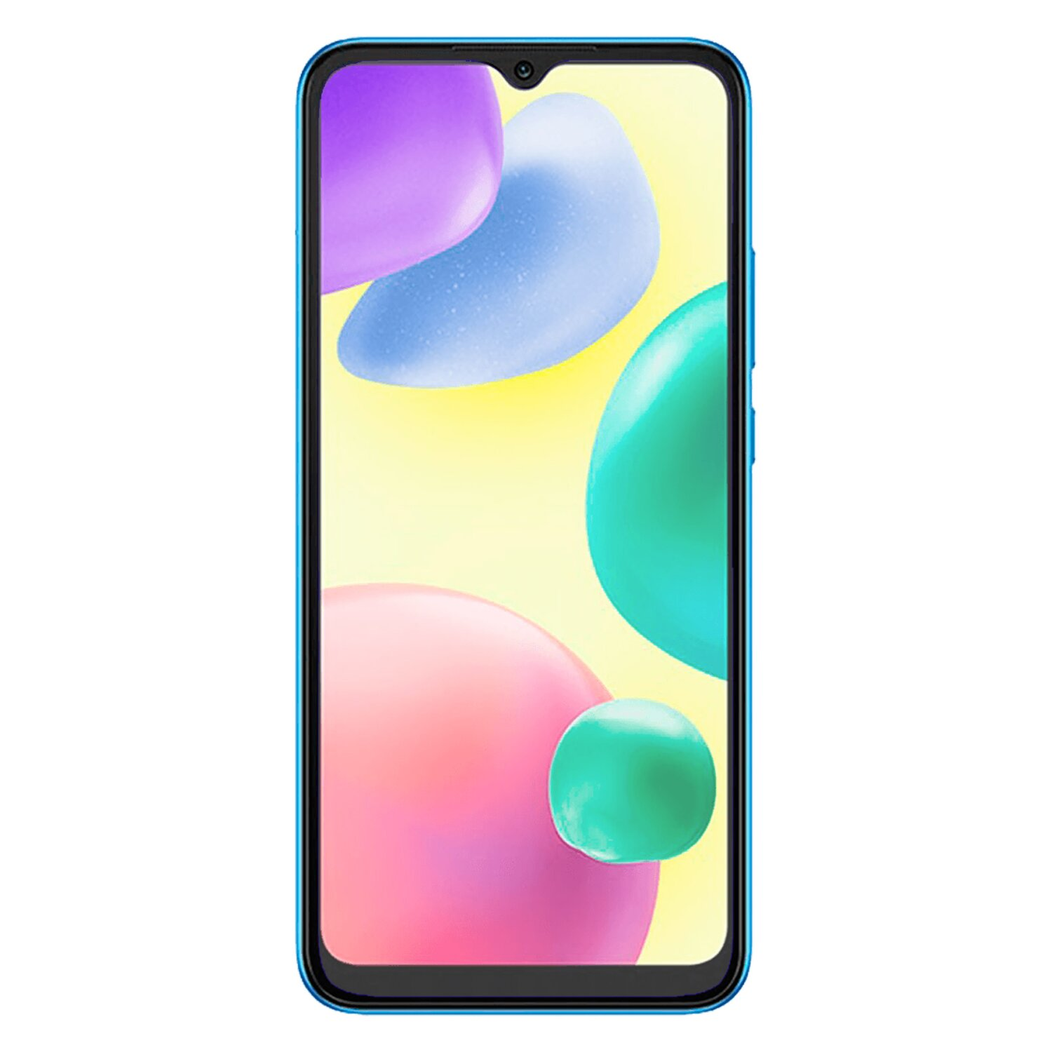 Blaues Smartphone mit farbenfrohem Display mit abstrakten Formen.