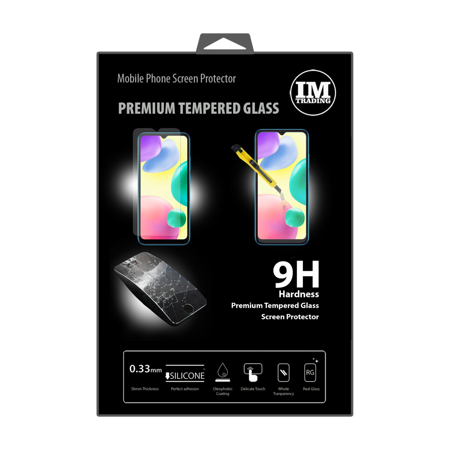 Verpackung für einen Displayschutz. Bilder von Telefonen und dem Schutz sind gezeigt.
