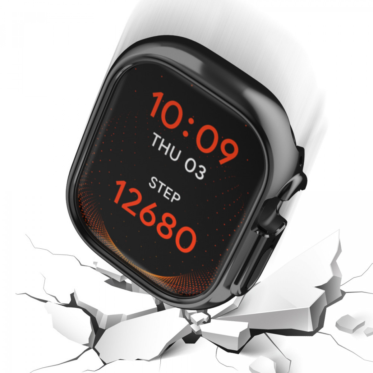 Eine Smartwatch auf einem zerbrochenen weißen Sockel, die Zeit, Datum und Schritte anzeigt. Die Lünette ist schwarz.