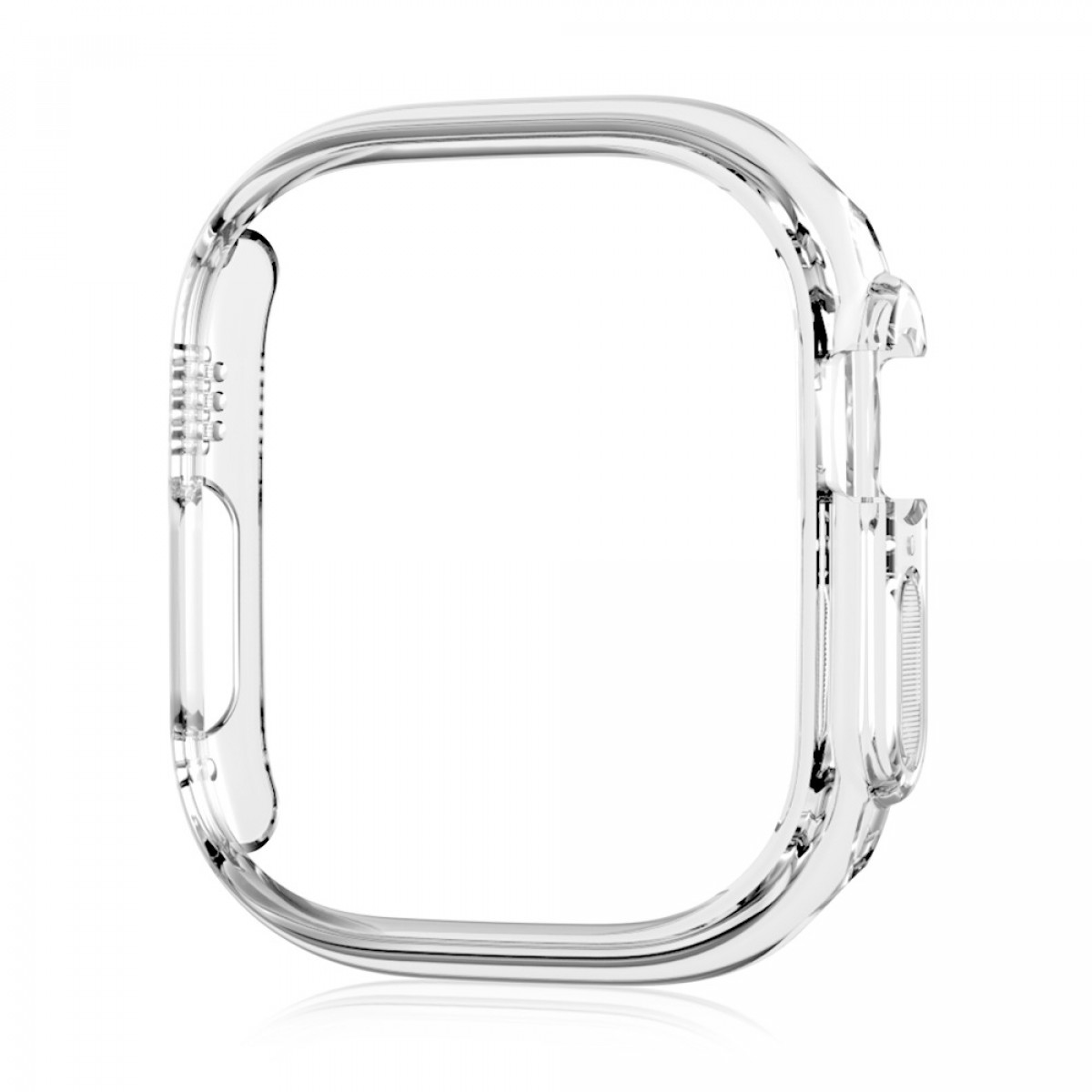 Ein klarer, transparenter, quadratischer Uhrenkasten mit geschwungenem Design und Öffnungen.