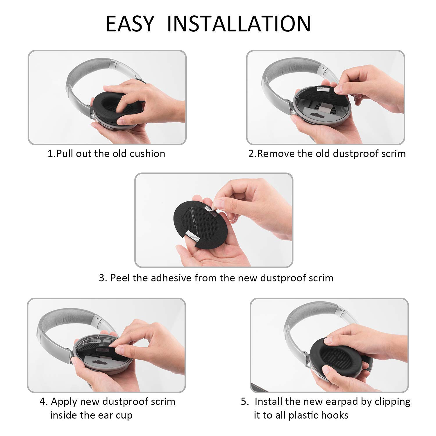 Instrukcja krok po kroku wymiany nauszników słuchawek, pokazująca demontaż, klej i instalację.