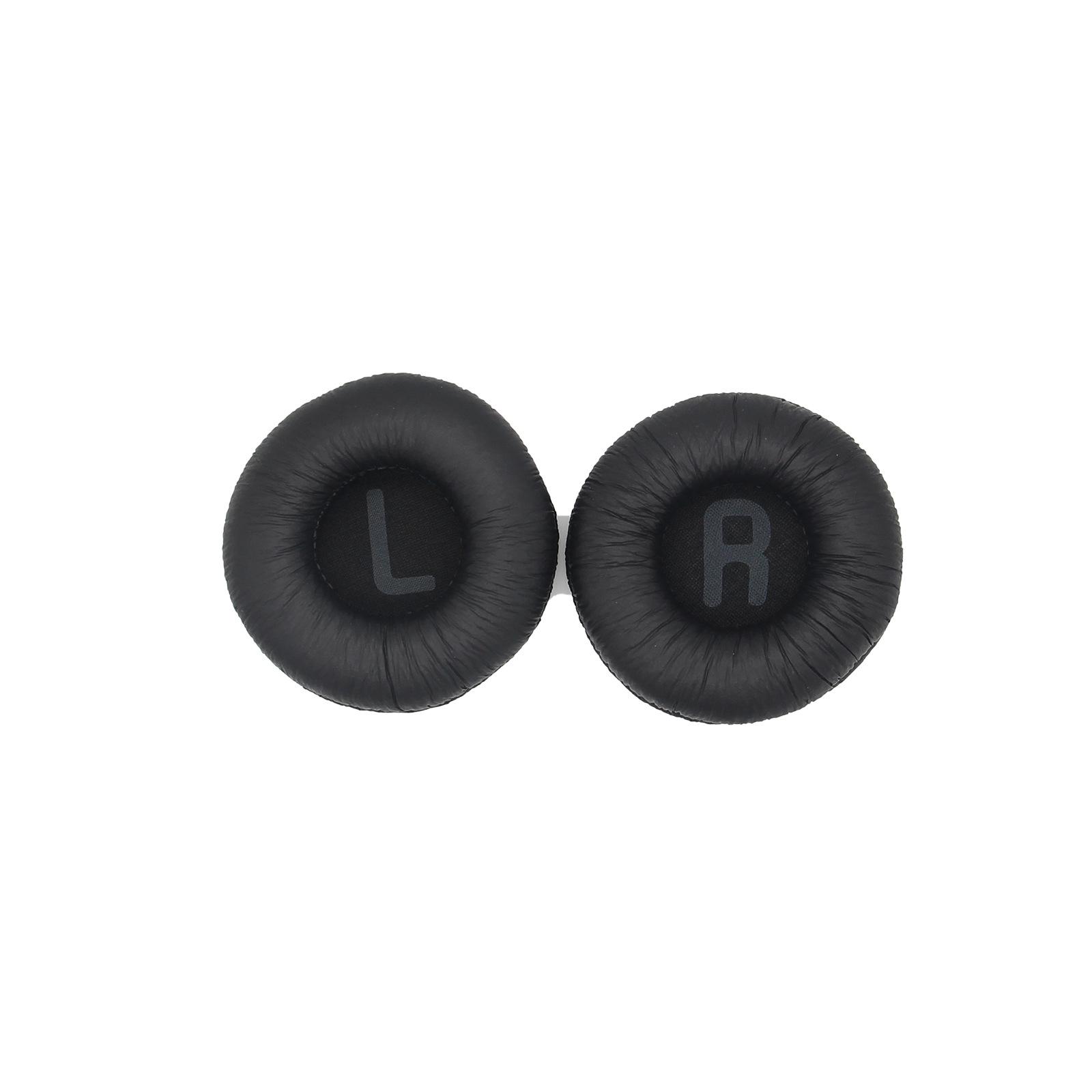 Due cuscinetti auricolari neri per cuffie, con 'L' e 'R' stampati sopra.