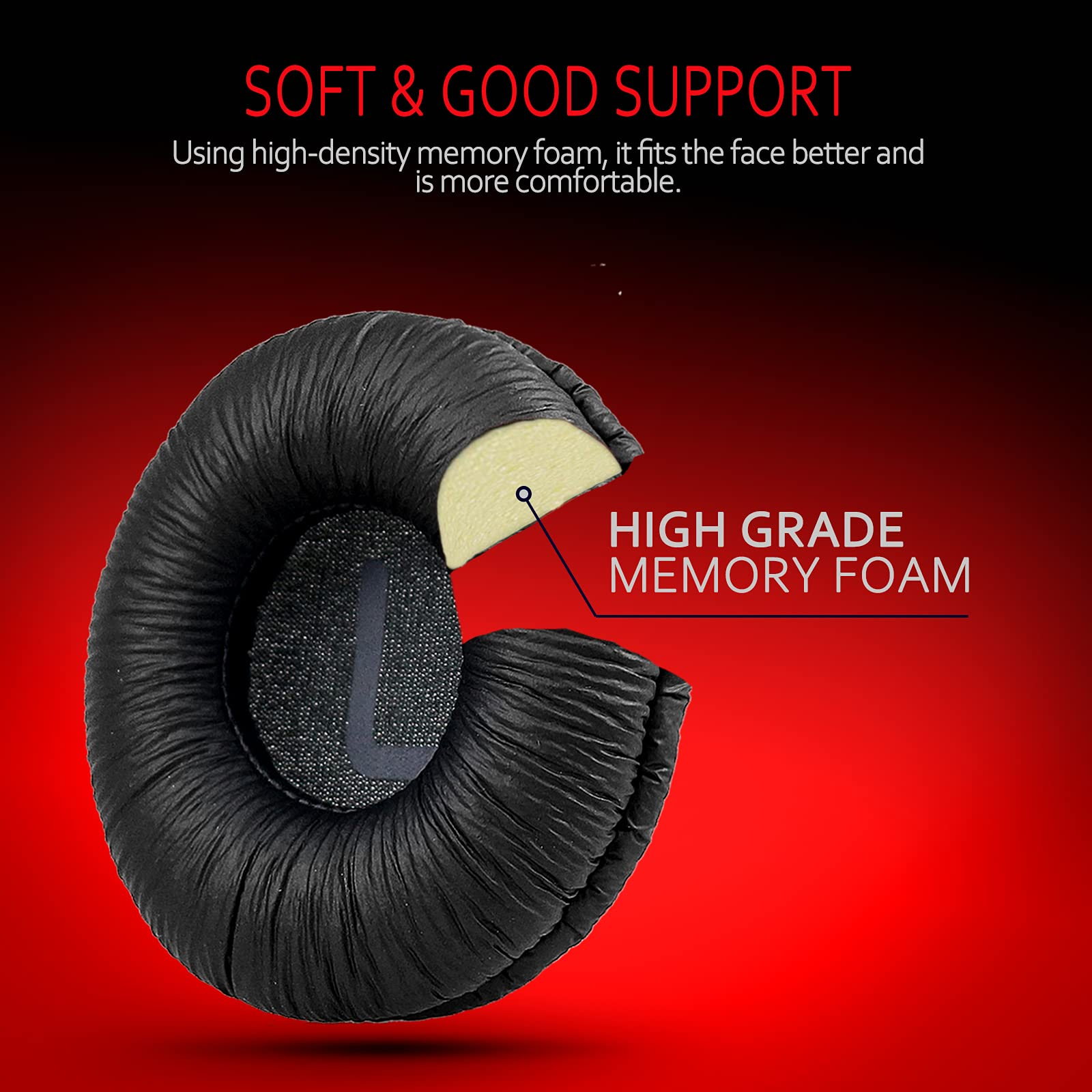 Cuscinetti auricolari in memory foam neri con un ritaglio che mostra l'interno in schiuma. Testo: Soft & Good Support e Memory Foam.