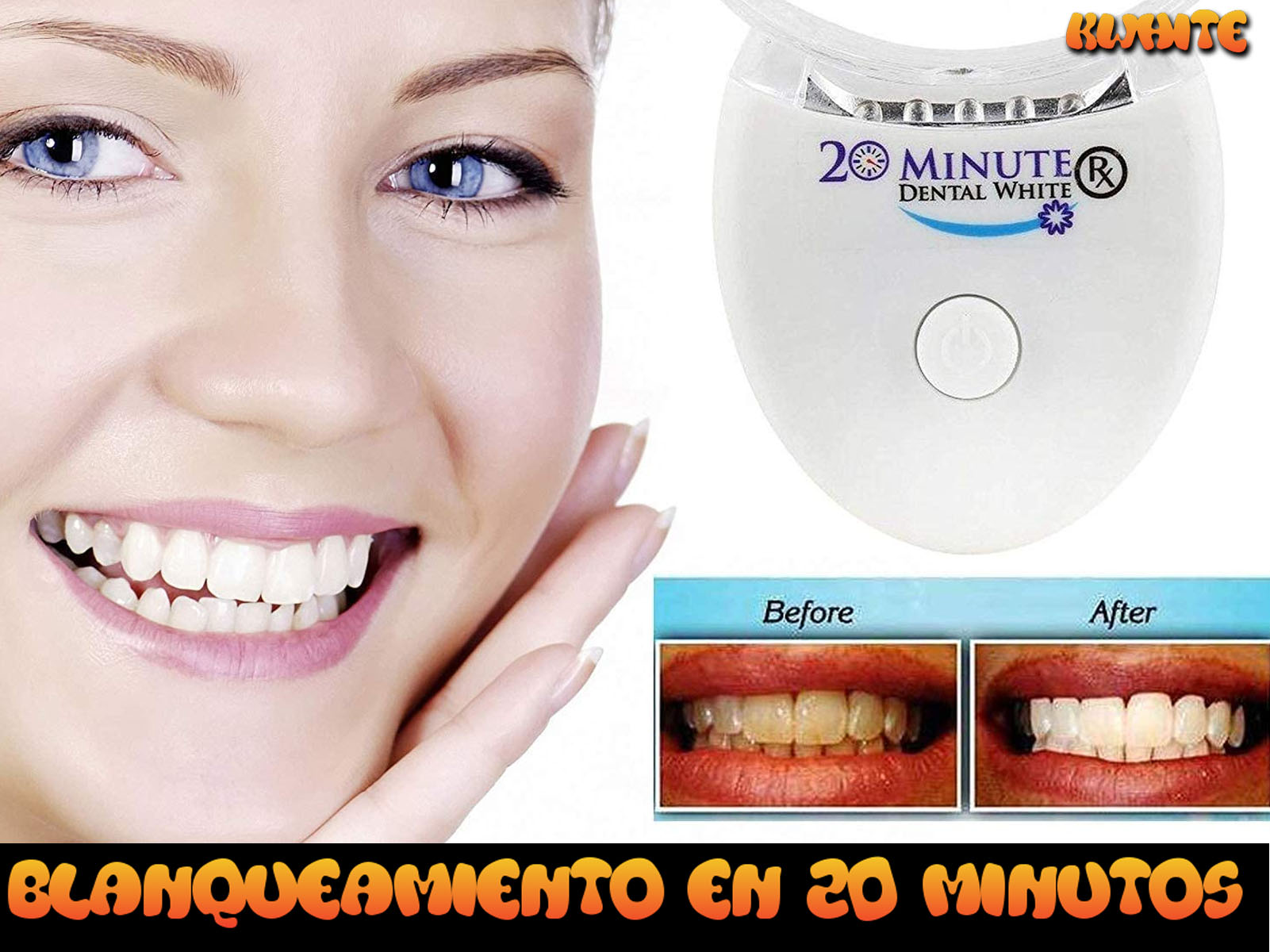 Mujer con sonrisa brillante, dientes blancos y dispositivo blanqueador dental. Se ve '20 MINUTE DENTAL WHITE'.