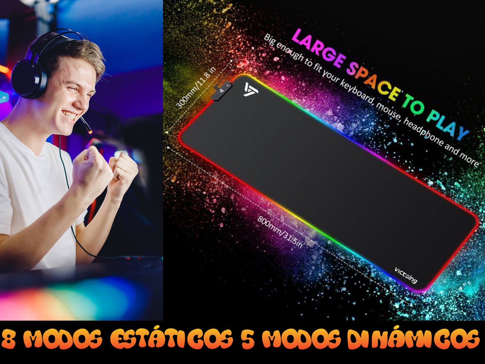 Un jugador está feliz sentado cerca de una alfombrilla de juego negra con luces RGB.