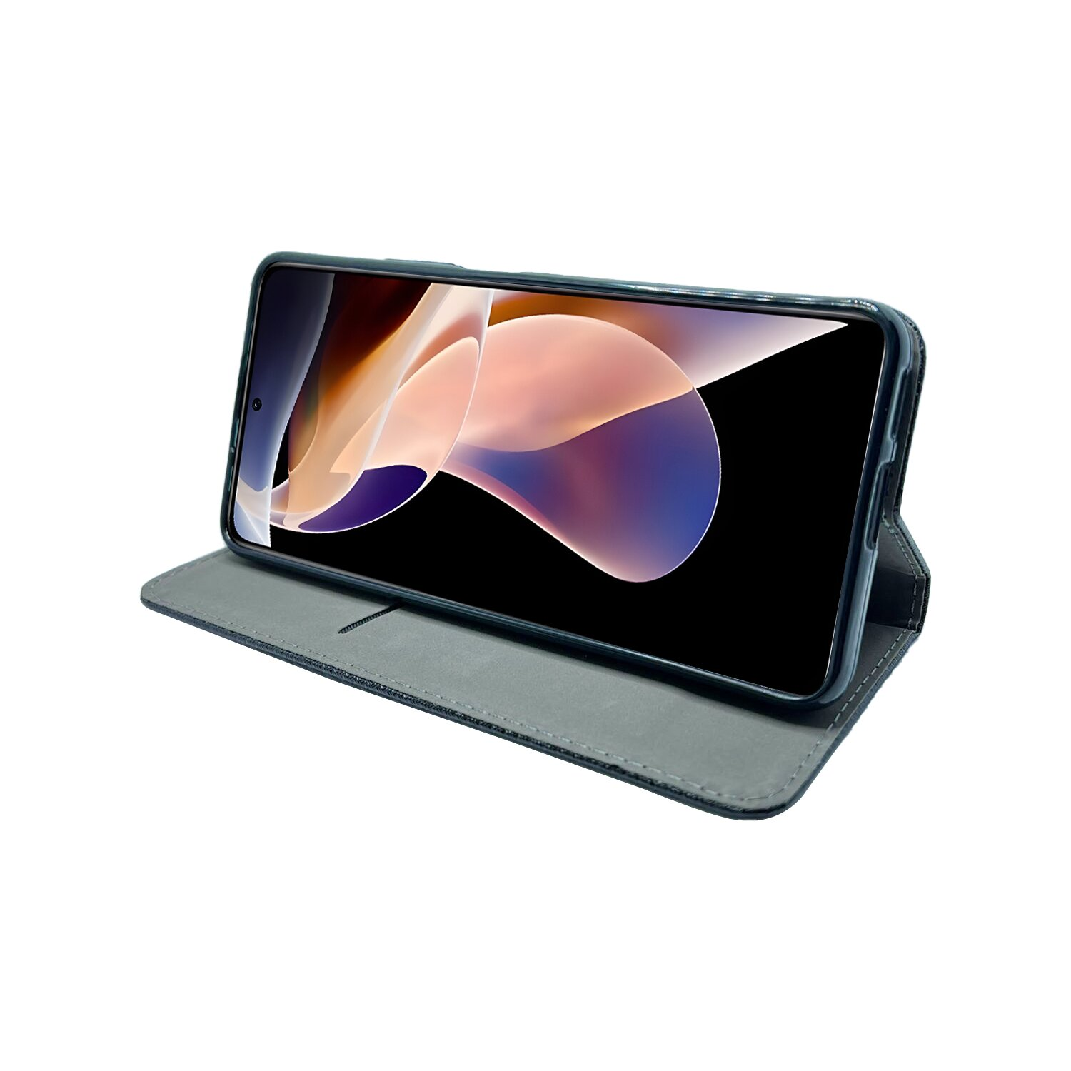 Uno smartphone in una custodia grigia è aperto, mostrando uno schermo scuro.