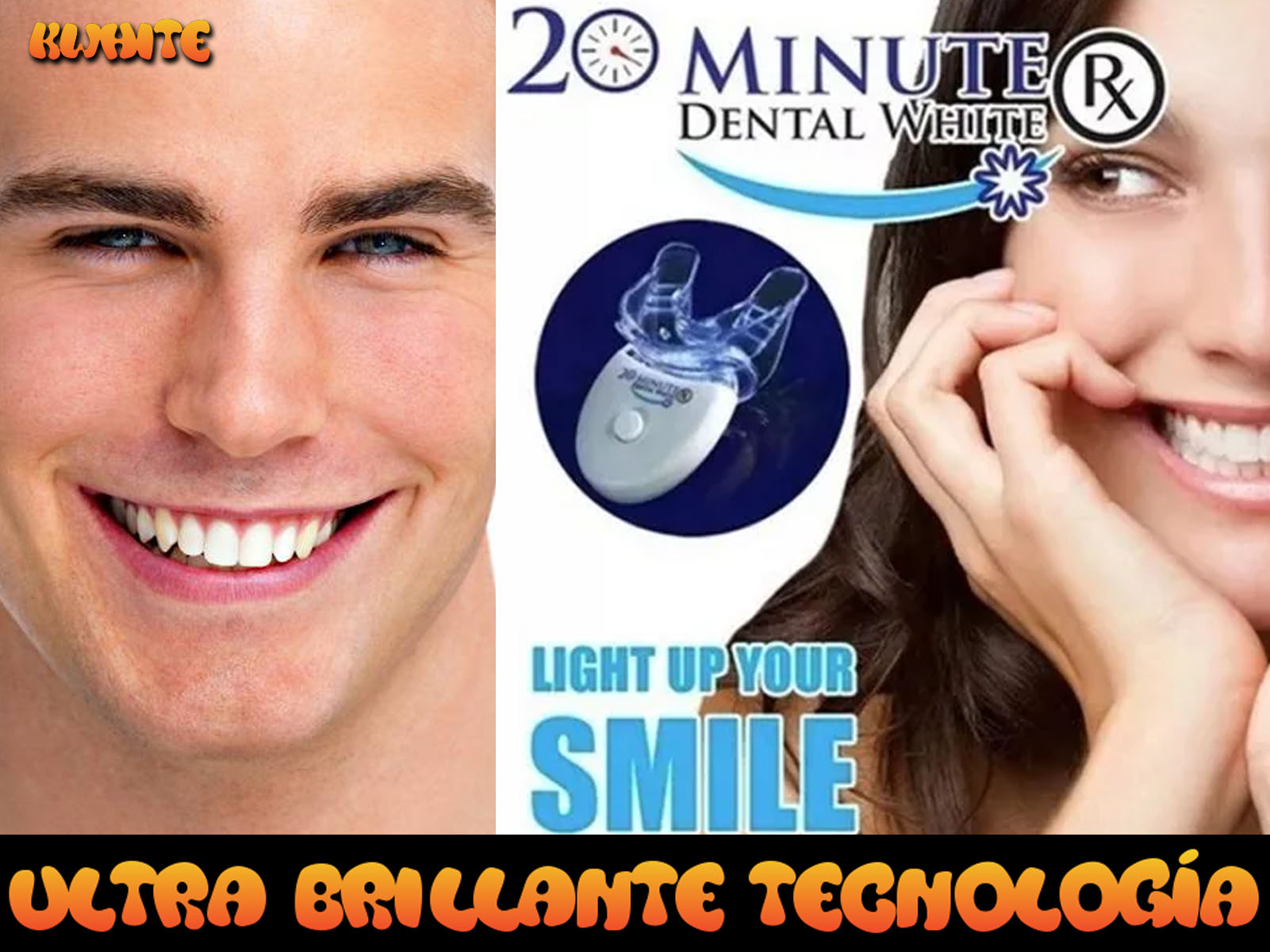 Imagen de hombre y mujer con sonrisas brillantes, anuncio de blanqueamiento dental.
