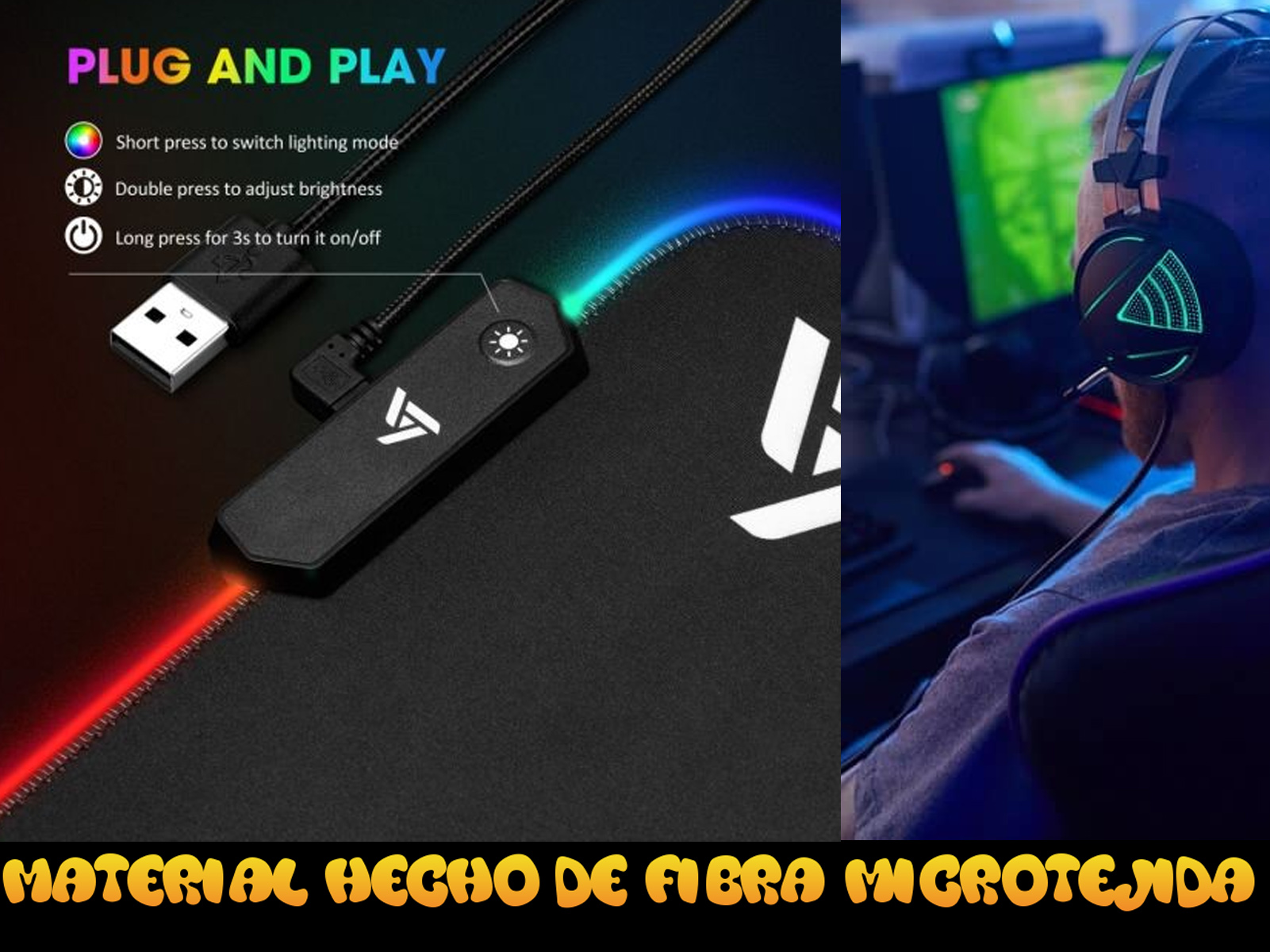 Alfombrilla de ratón para juegos con cable USB, controlador e iluminación LED roja y azul.