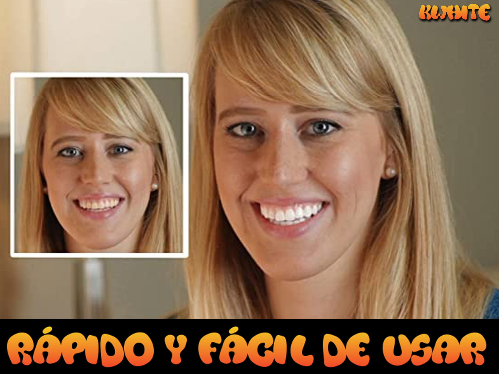 Una mujer sonriendo. Hay una imagen más pequeña de la misma mujer en la esquina.