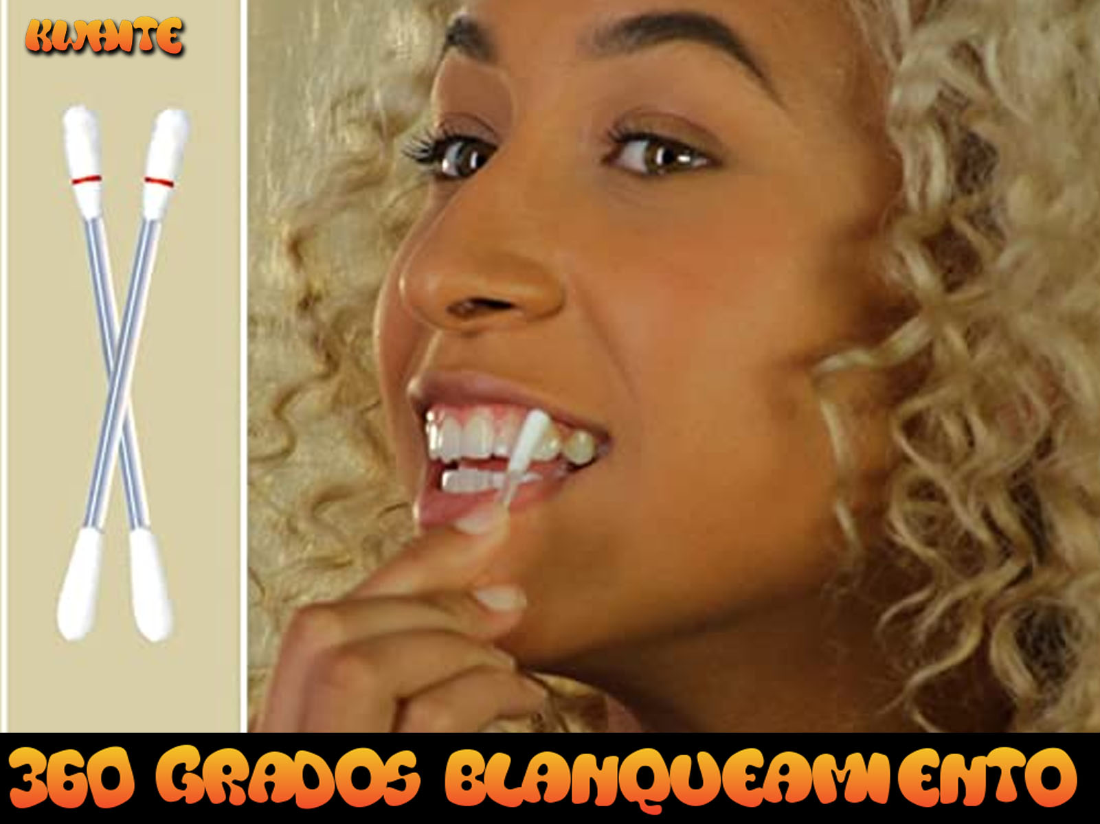 Mujer usando un hisopo blanqueador en los dientes. Dos hisopos se muestran a la izquierda. El texto dice blanqueamiento de 360 grados.