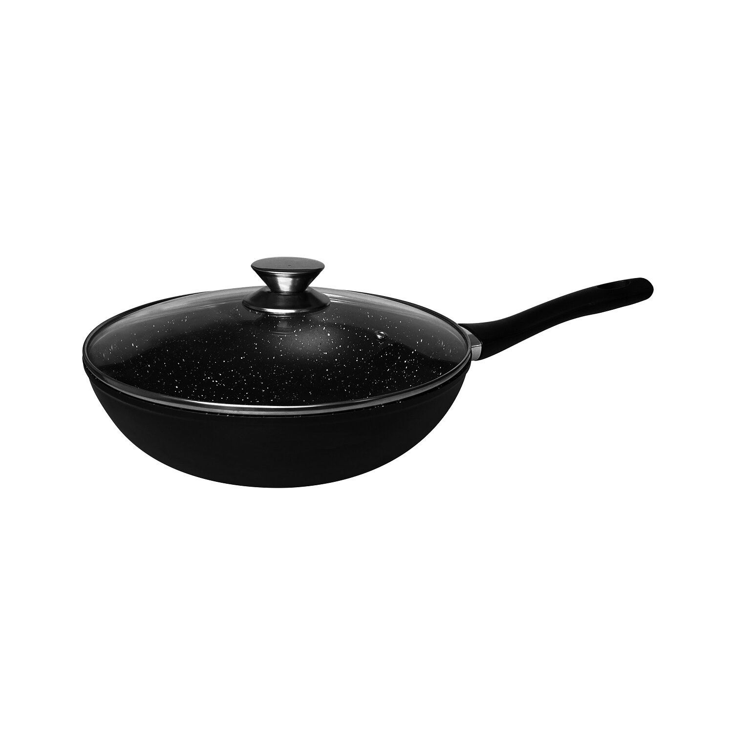 Schwarze Wok-Pfanne mit Glasdeckel und langem Griff auf weißem Hintergrund.
