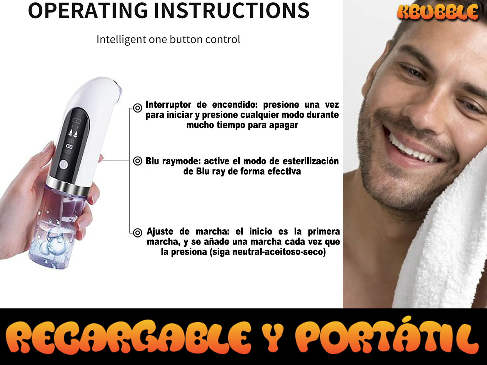 Limpiador facial portátil con instrucciones. Un hombre está en el lado derecho de la imagen.