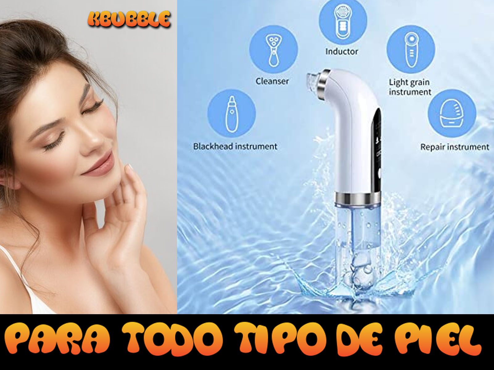 Mujer con dispositivos de tratamiento facial. Texto en español.