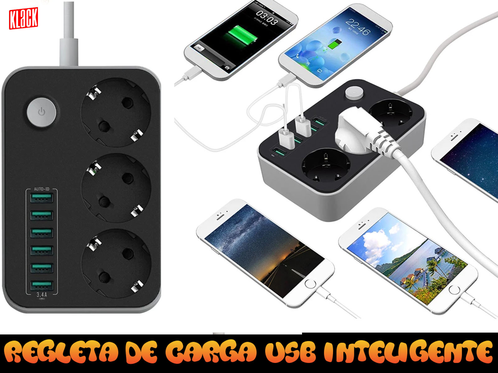 Regleta negra con cargadores de teléfono y varios teléfonos. El texto 'regleta de carga usb inteligente' está escrito.