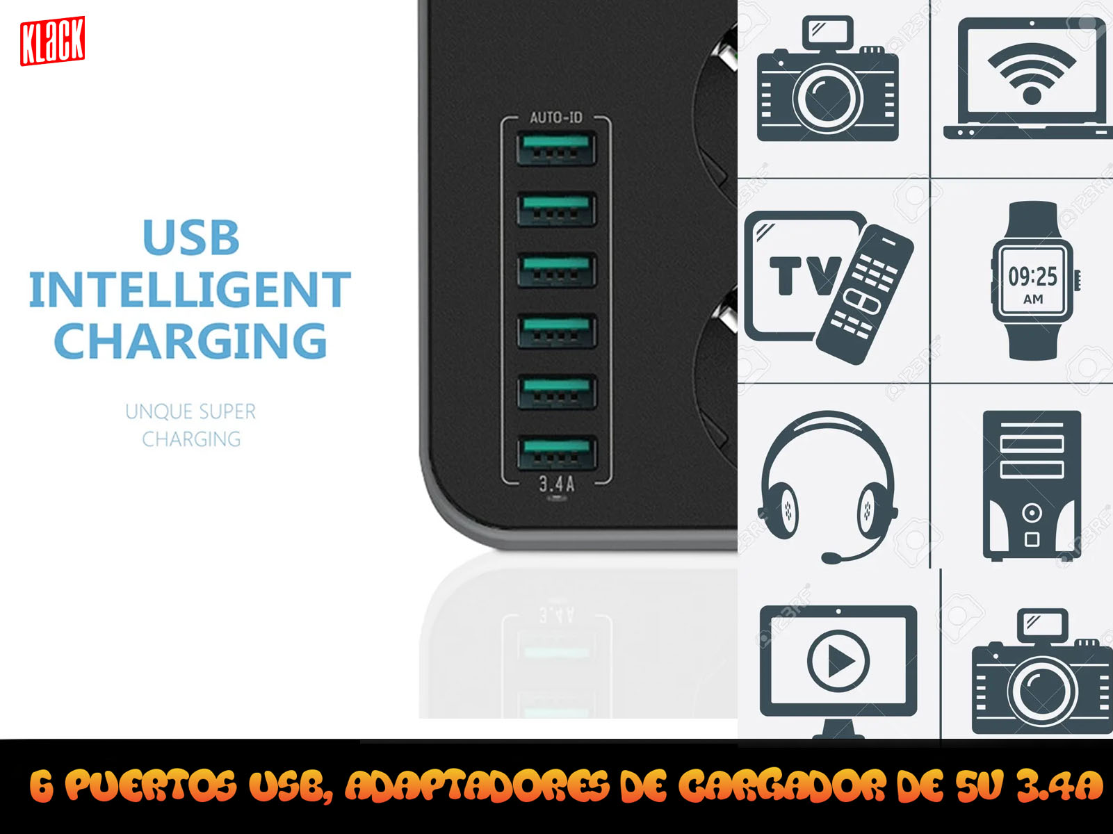 Estación de carga USB con múltiples puertos e iconos de varios dispositivos electrónicos.