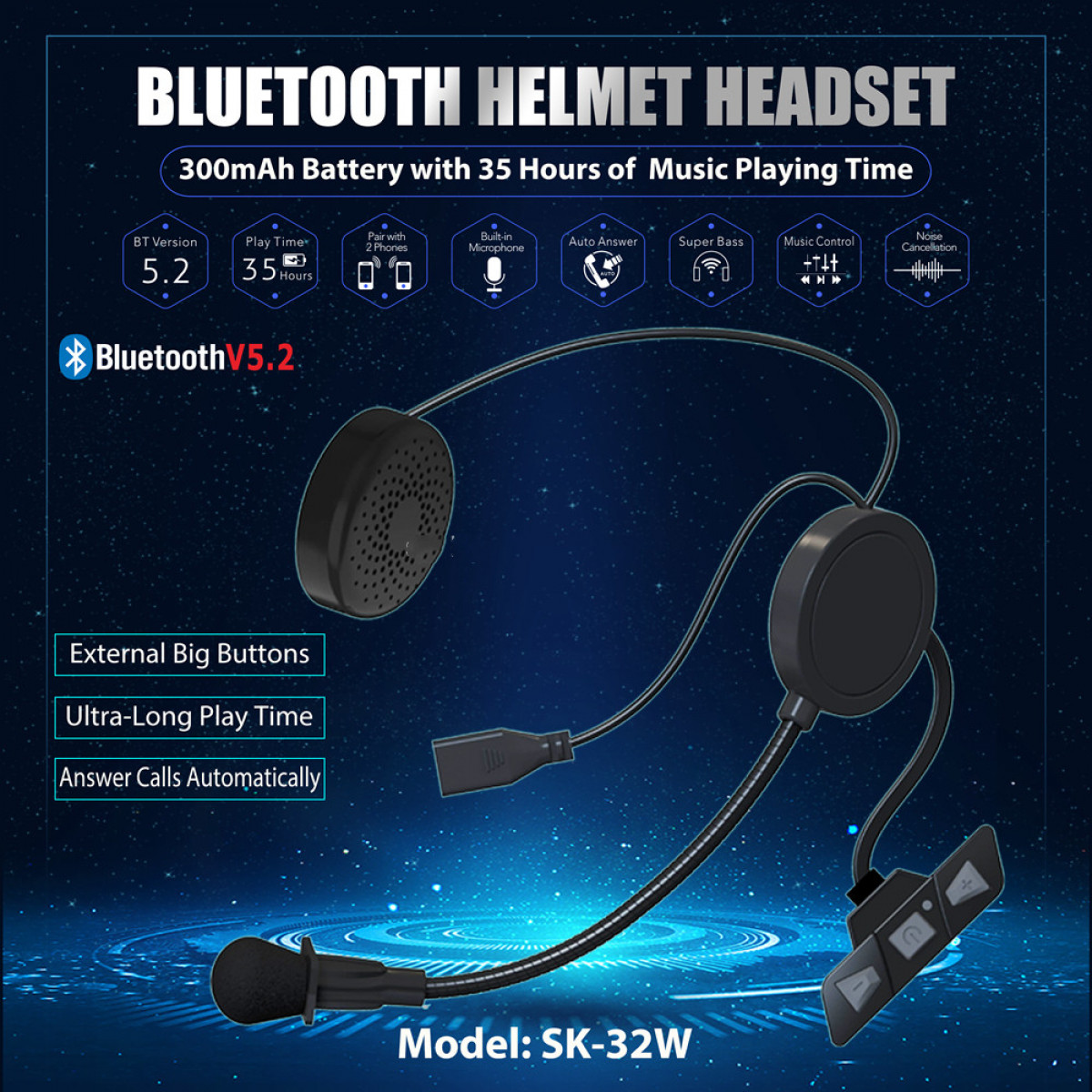 Schwarzes Bluetooth-Helm-Headset mit Knöpfen und Mikrofon.