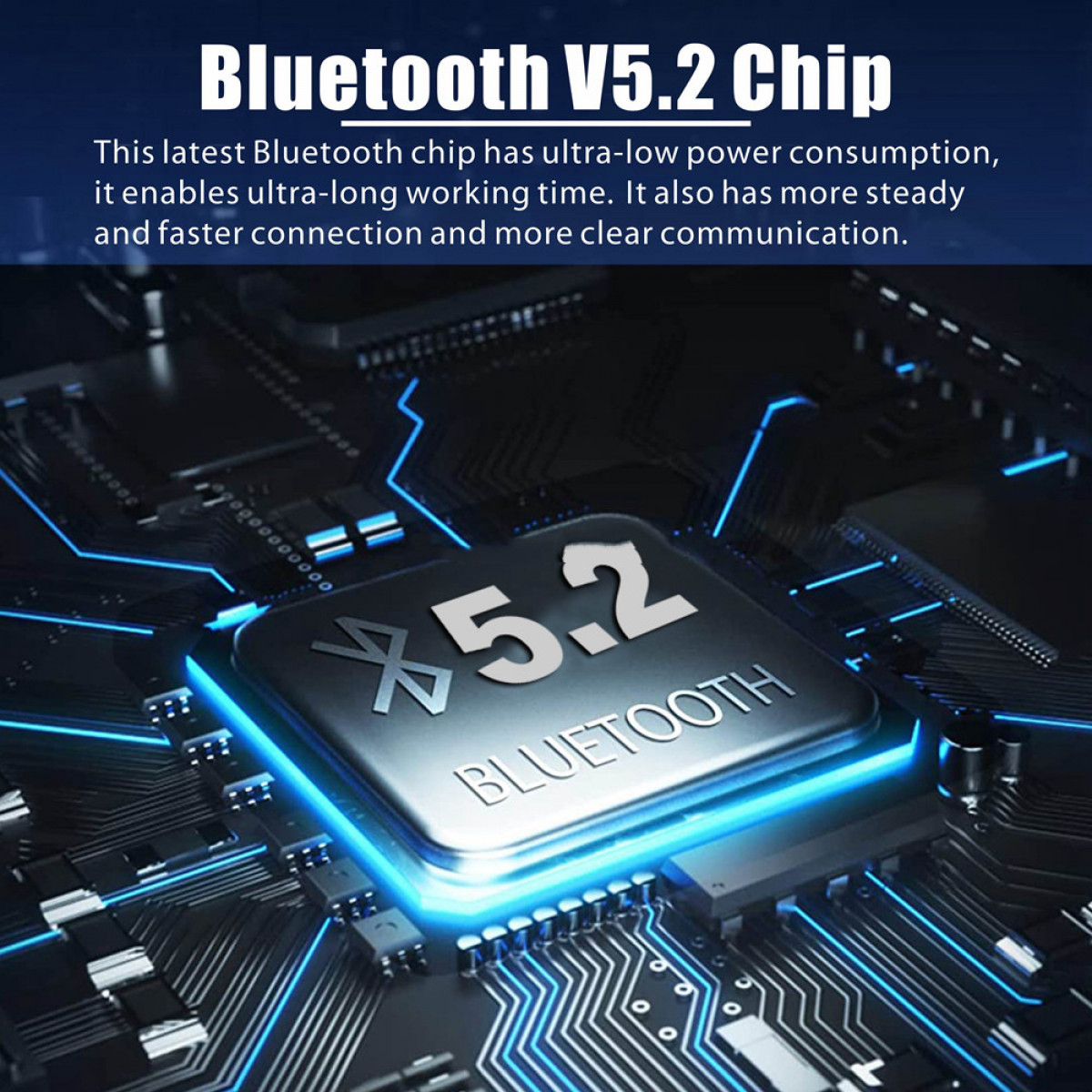 Nahaufnahme einer blauen Leiterplatte mit einem silbernen Bluetooth-Chip. Text: Bluetooth V5.2.
