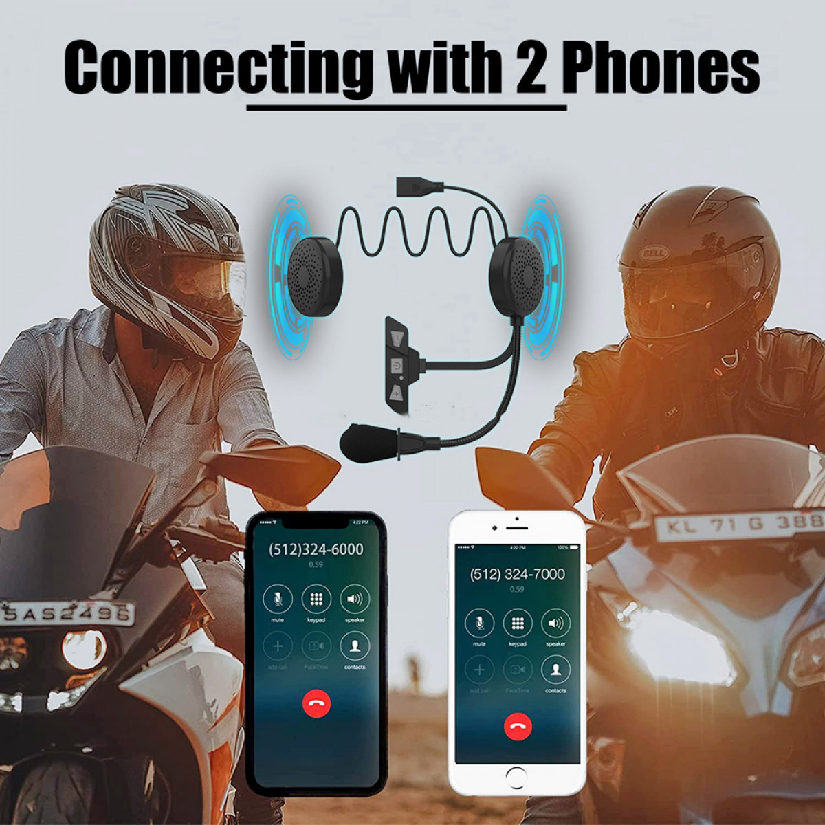 Zwei Motorradfahrer mit Helmen und verbundenen Bluetooth-Headsets, die separate Anrufe tätigen.