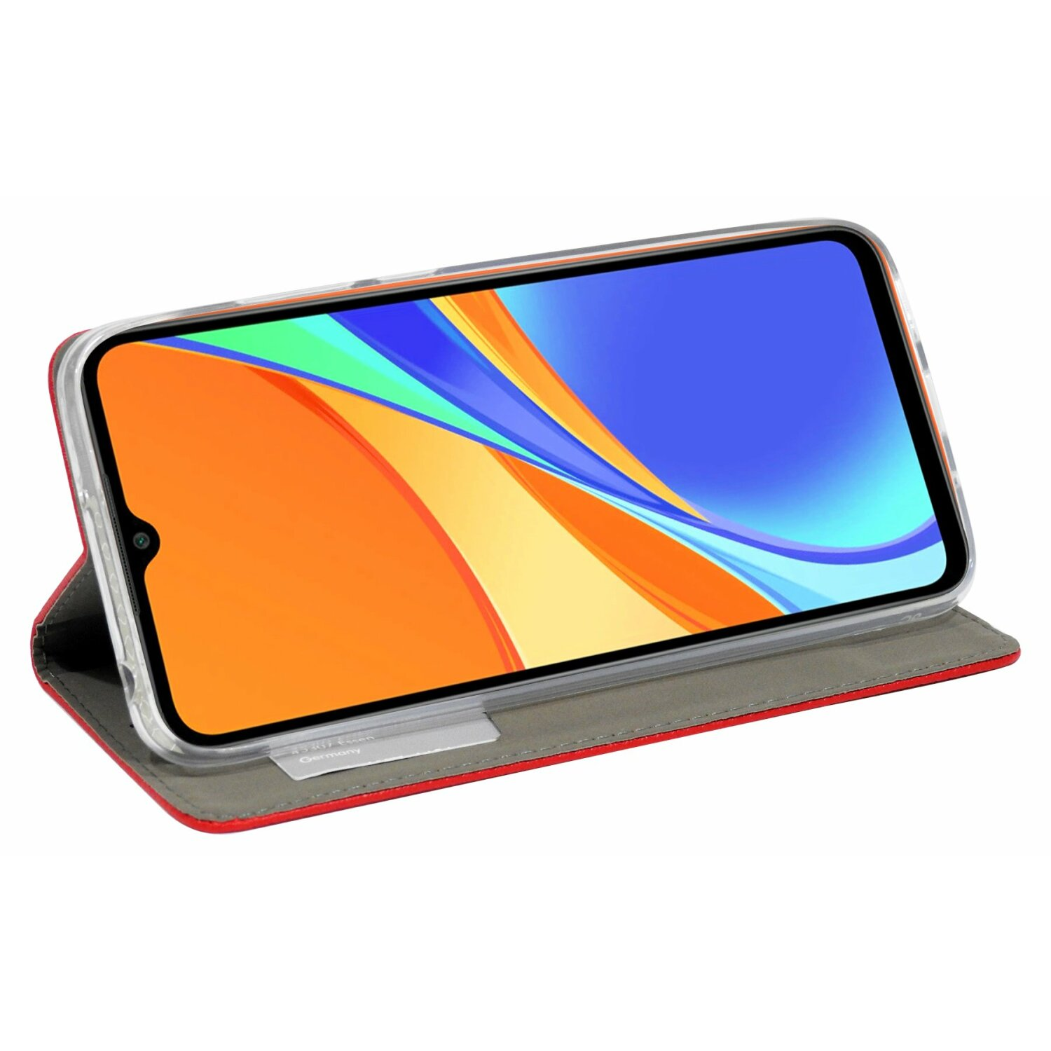 Smartphone in custodia rossa, aperto. Lo schermo mostra una grafica blu e arancione.