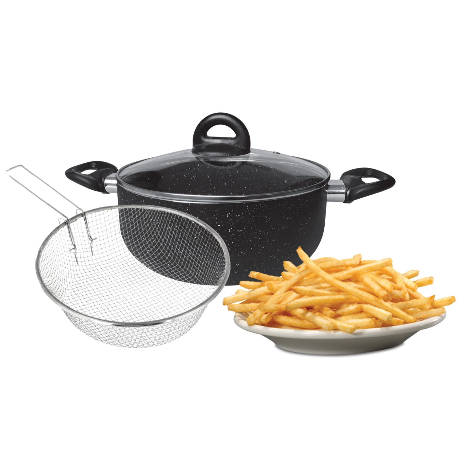 Ein schwarzer, gesprenkelter Topf mit Glasdeckel, ein Drahtkorb und ein Teller mit Pommes.