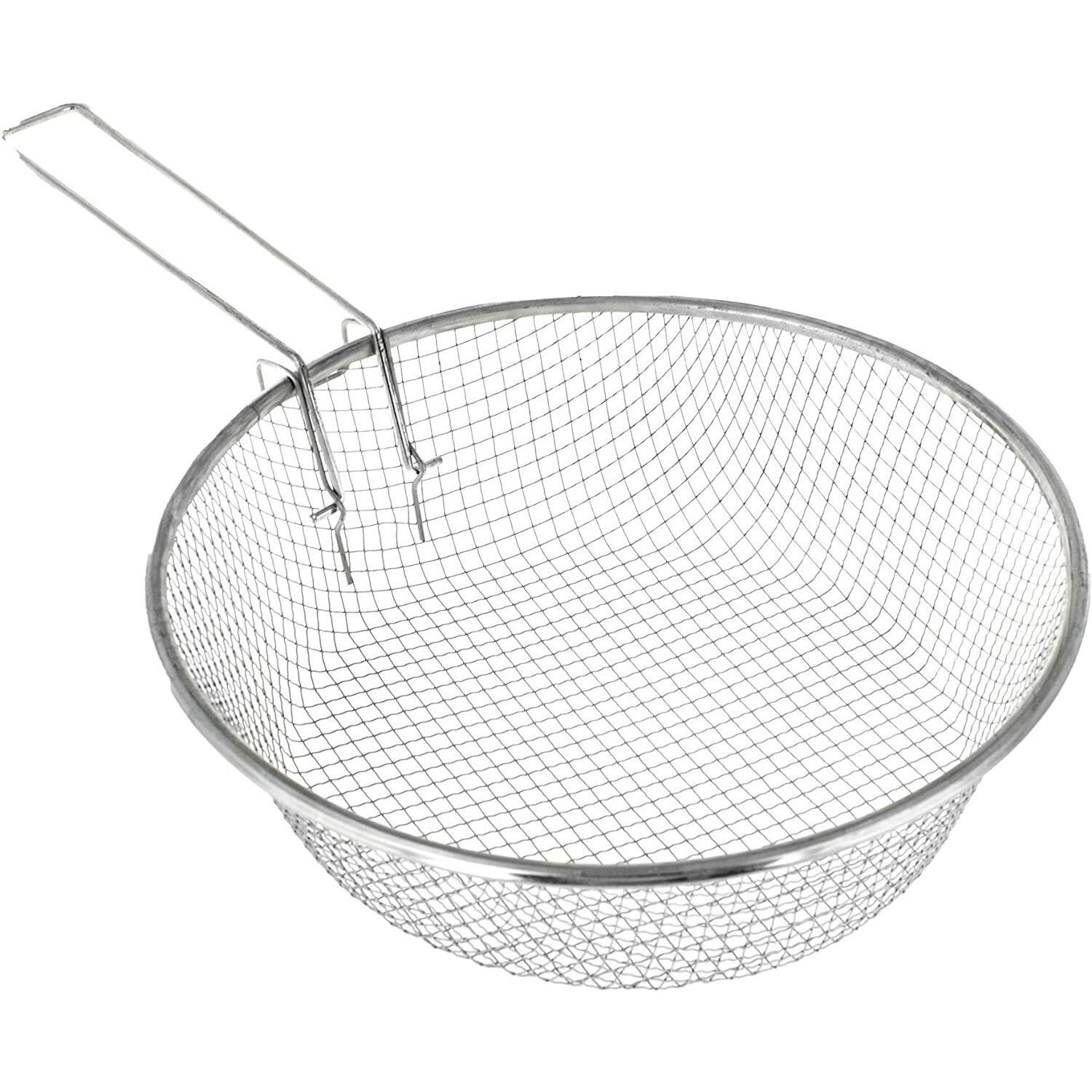 Ein Edelstahl-Frittierkorb mit Griff, von oben auf weißer Oberfläche betrachtet.