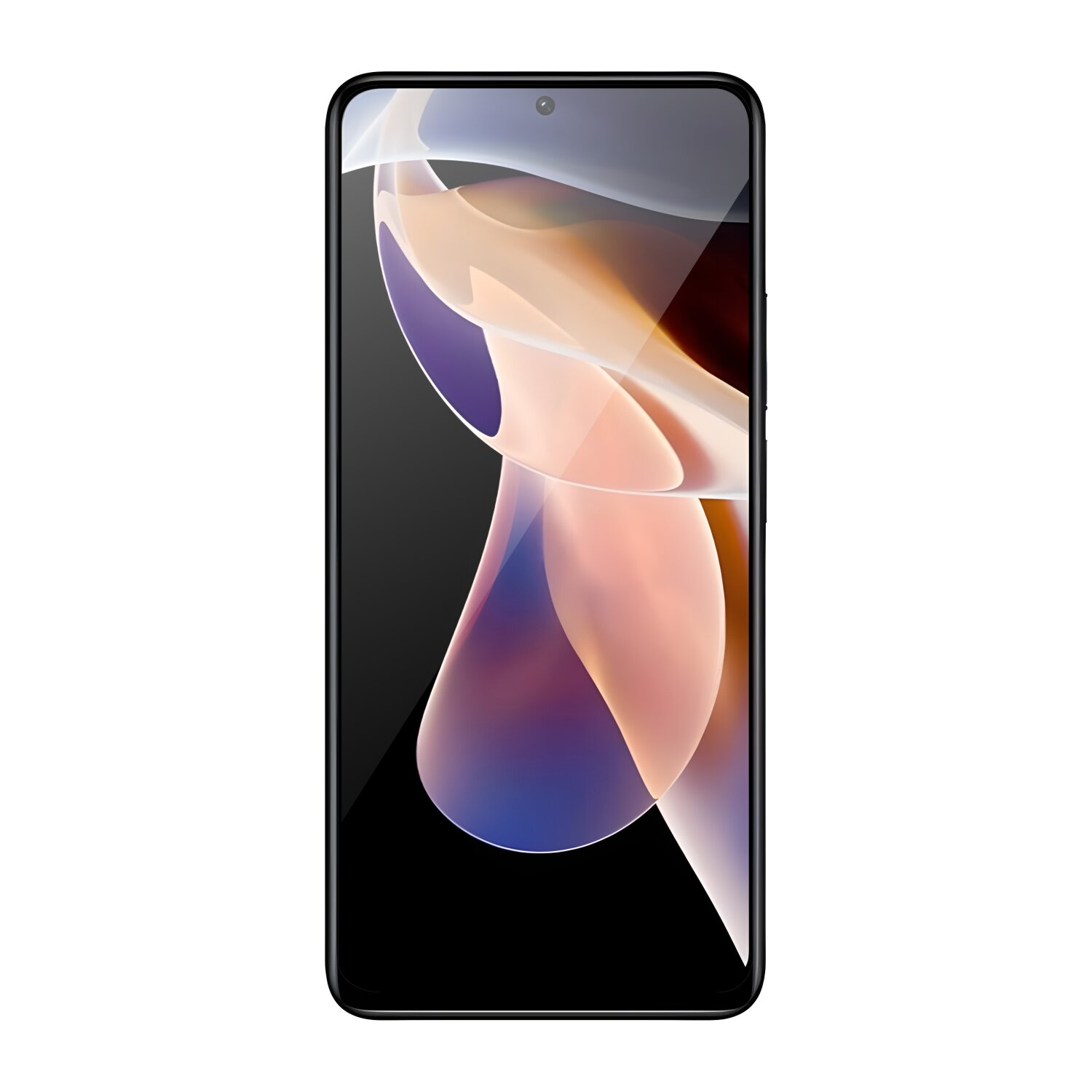 Ein schwarzes Smartphone mit aufgebrachter Displayschutzfolie, die eine bunte abstrakte Grafik zeigt.