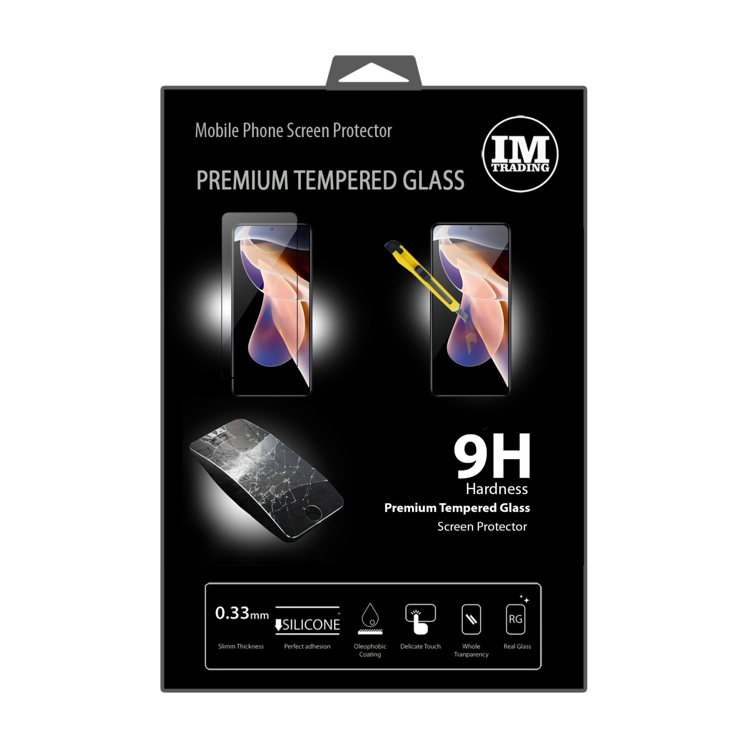 Verpackung für einen Handy-Displayschutz. Zeigt ein Telefon mit einem Schutz. Die Verpackung ist schwarz.
