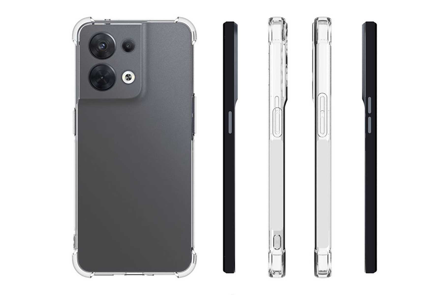 Ein Smartphone in einer transparenten Hülle, das die Rückseite mit Kameralinsen und Seitenansichten mit Knöpfen zeigt.