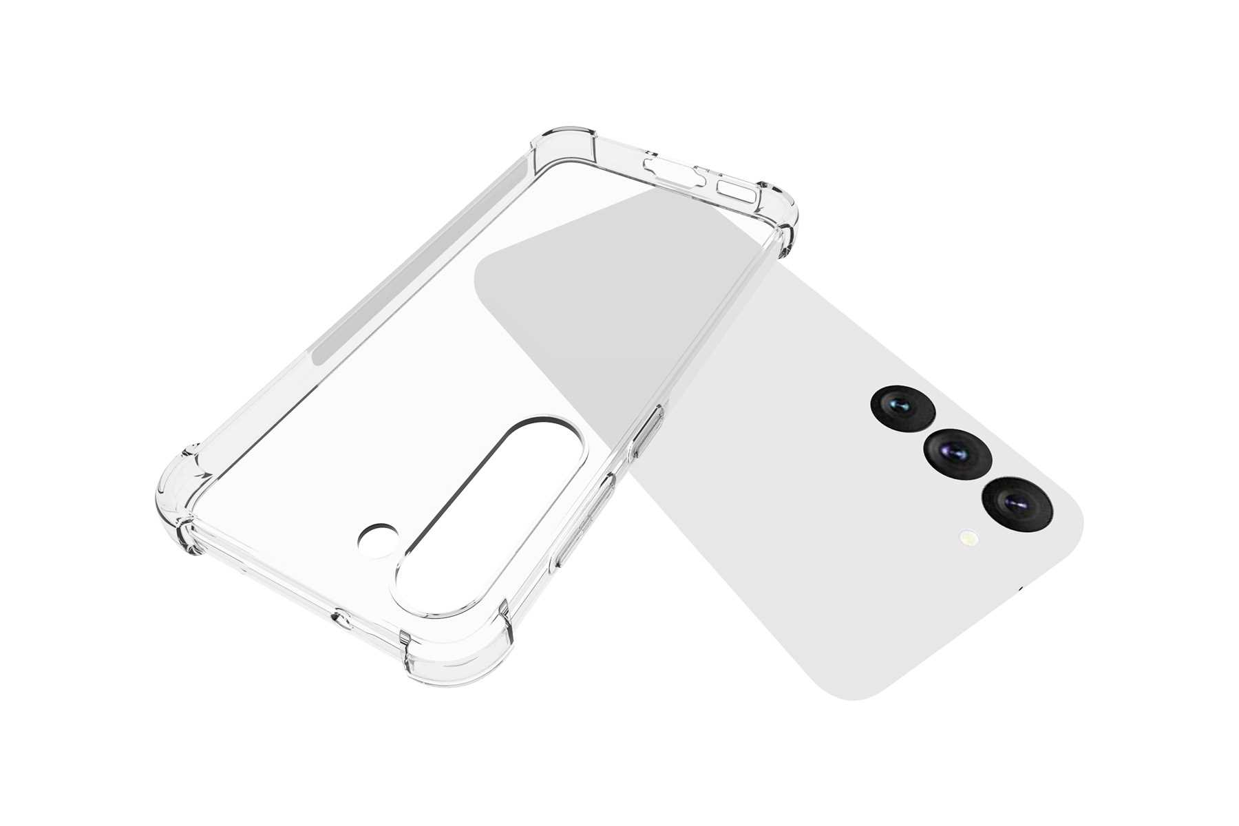 Eine transparente Handyhülle neben einem weißen Handy. Das Handy hat drei Kameralinsen.