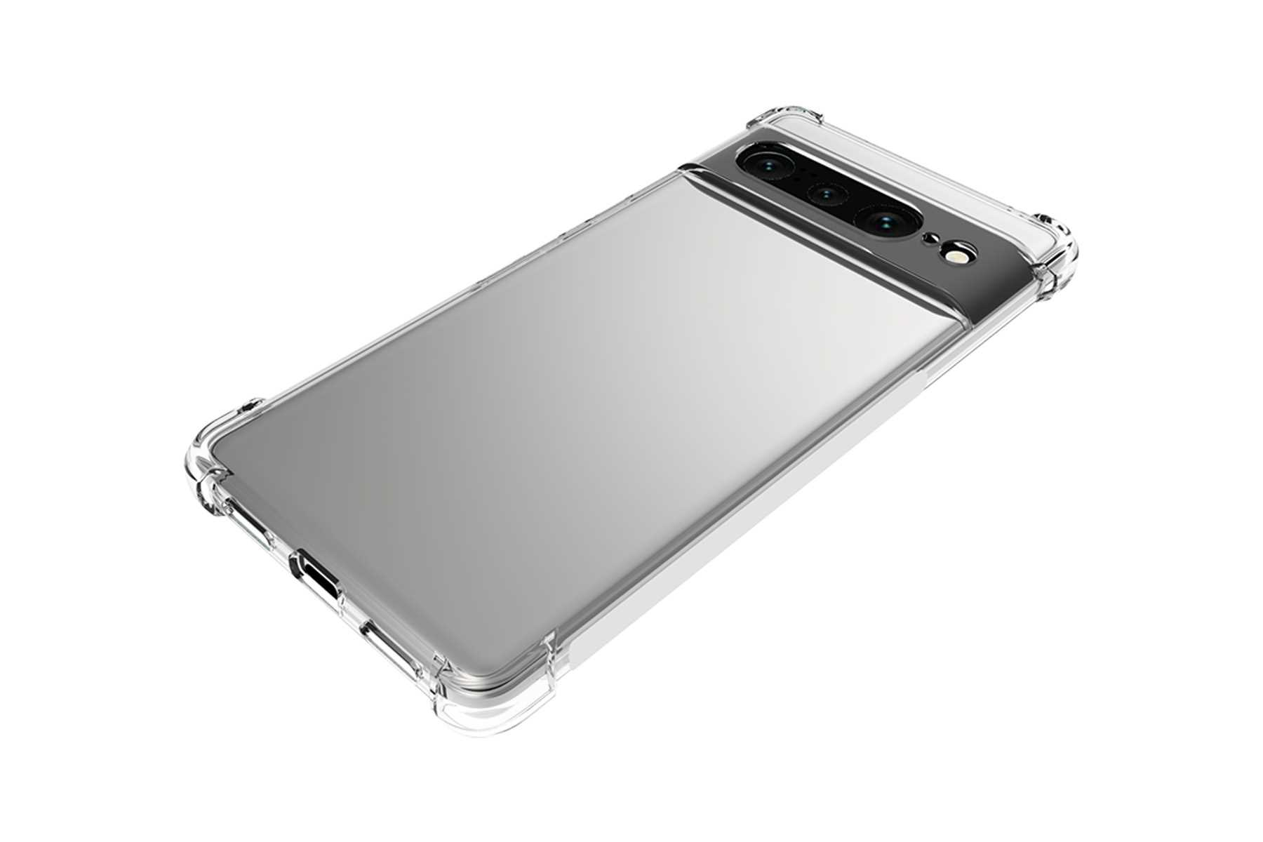 Telefon mit transparenter Hülle. Es hat eine Dreifachkamera und einen silbernen Rahmen.