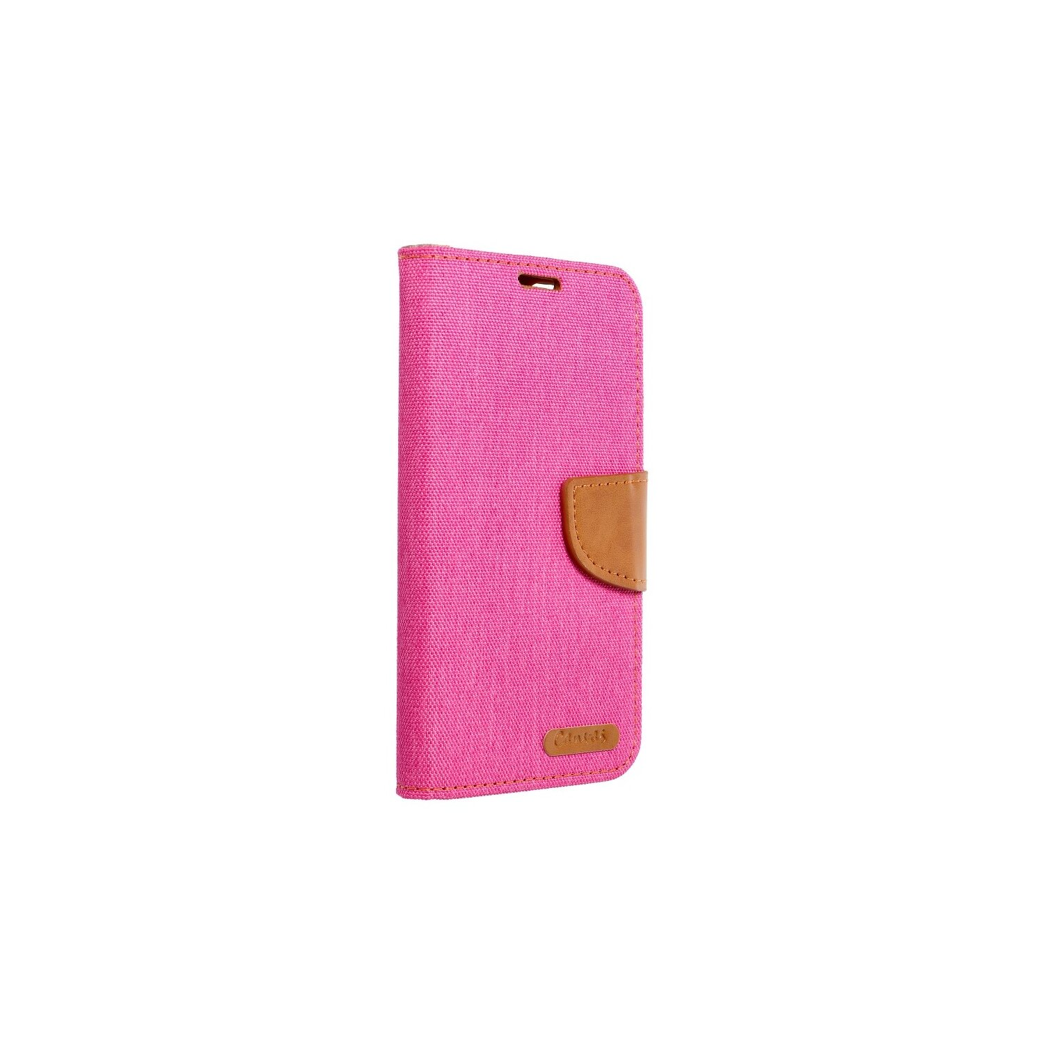 Custodia rosa per telefono con patta marrone e linguetta marrone. La custodia è chiusa.