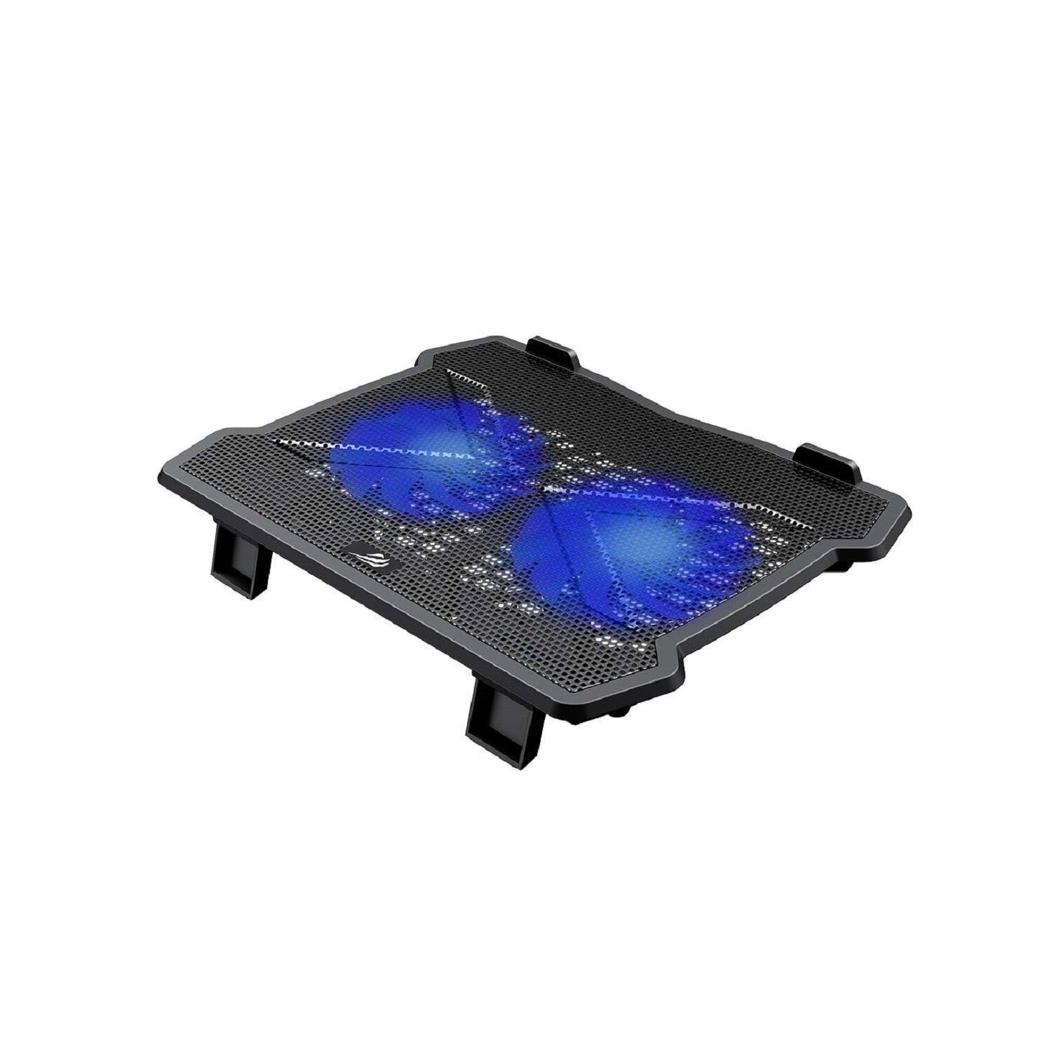 Ein schwarzes Laptop-Kühlpad mit zwei blau beleuchteten Lüftern.