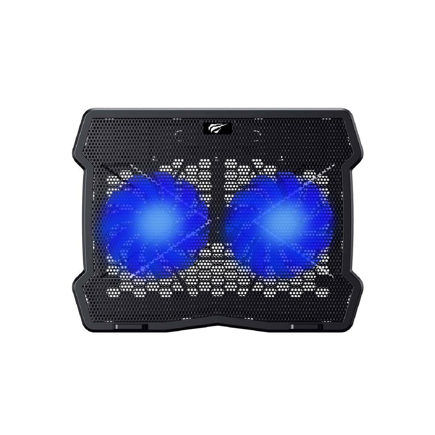 Schwarzer Laptop-Kühler mit blauen Lichtern. Weißer Hintergrund.