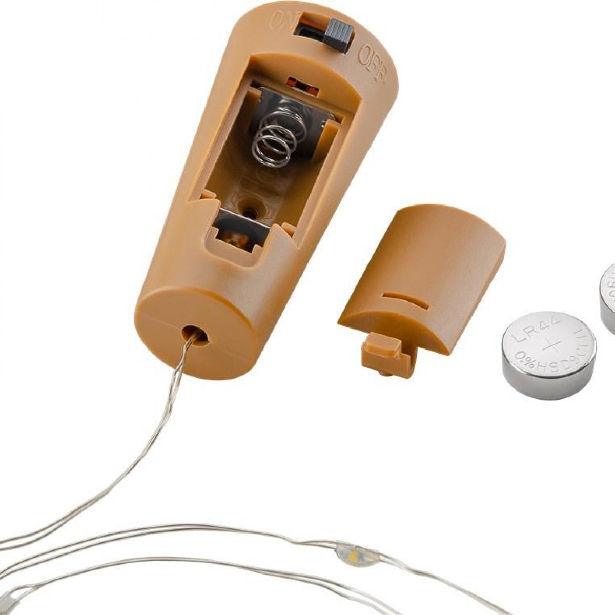 Brauner batteriebetriebener Korken mit Lichterketten und Batterien.