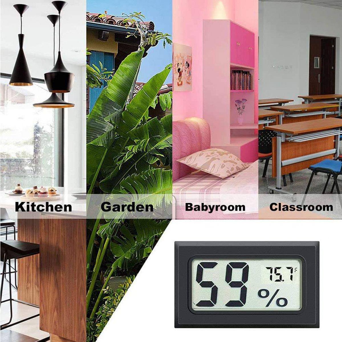 Obraz z kuchnią, ogrodem, pokojem dziecięcym i klasą. Pokazuje także czarny termometr cyfrowy z 59% i 75,7°F.
