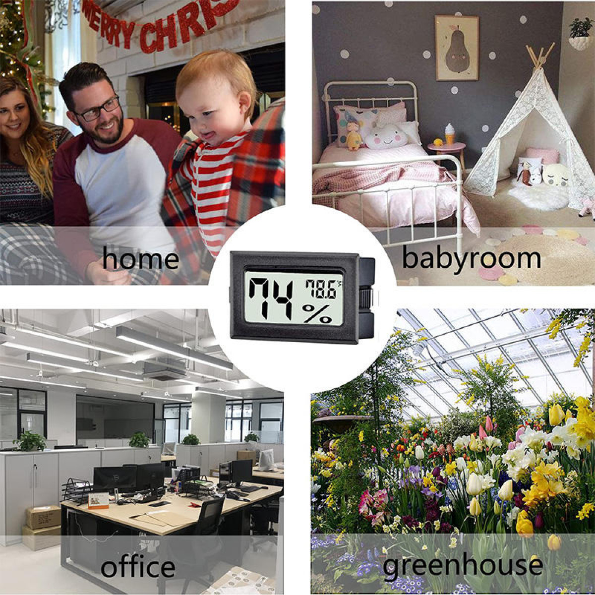 Kolaż pokazujący termometr w różnych ustawieniach: domu, pokoju dziecinnym, biurze i szklarni.
