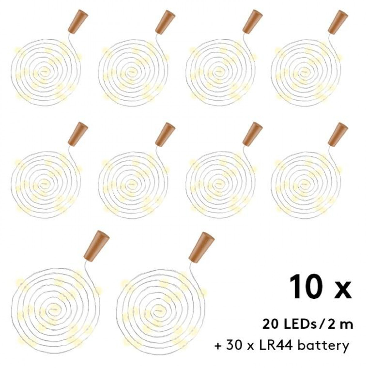 Zehn LED-Lichterketten, jede aufgerollt, mit Korken und Batteriepack. Text: 10x 20 LEDs/2m + 30 x LR44 Batterie.