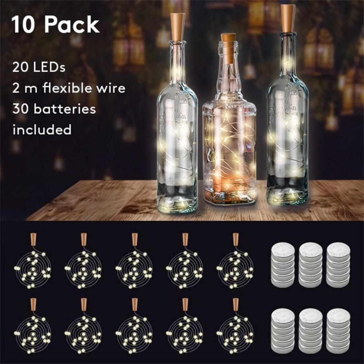 Drei Glasflaschen mit Korken und LED-Leuchten im Inneren. 10 Packungen mit Lichtern und Batterien sind abgebildet.