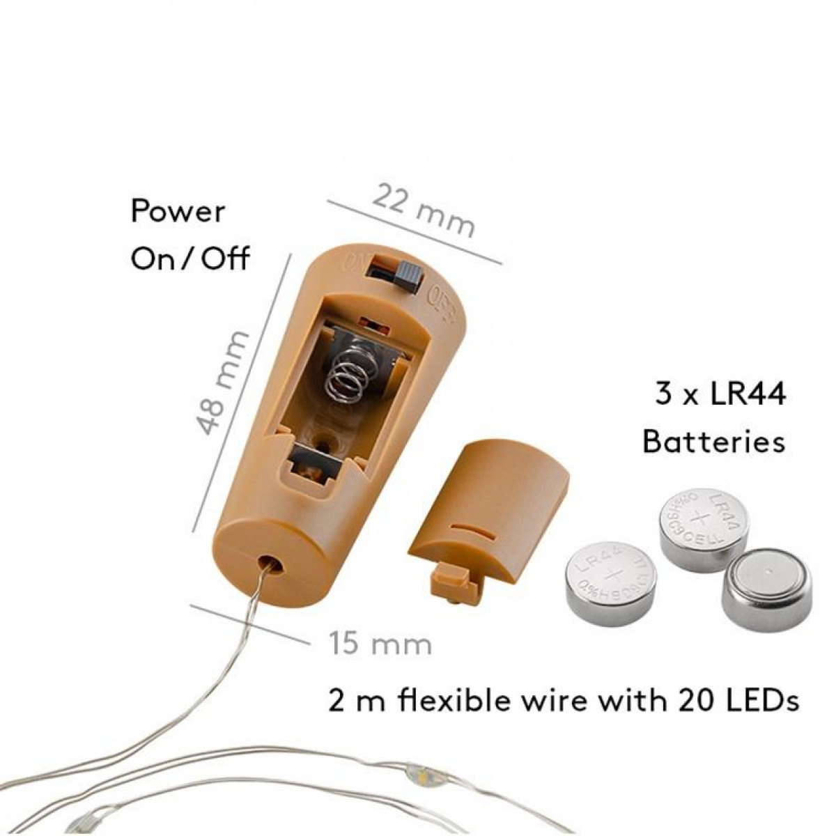 Korkförmige Lichterkette mit 3 LR44-Batterien, Ein-/Aus-Taste und einem 2 m langen Draht mit 20 LEDs.