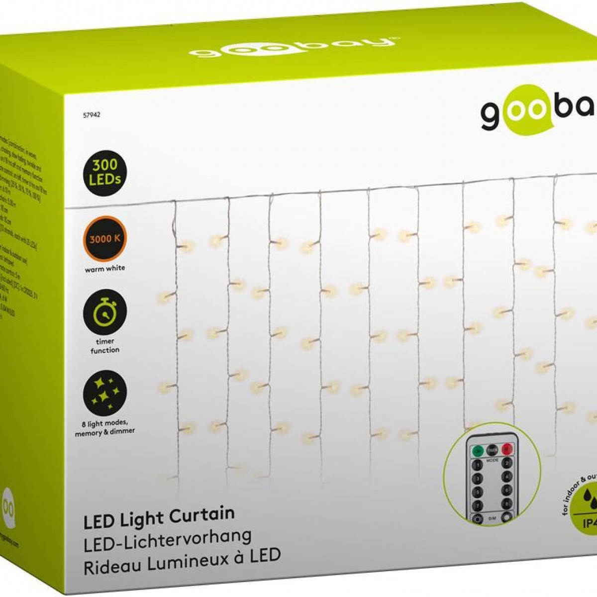 Scatola verde e bianca con luci a LED. Ha un'immagine delle luci e un telecomando.