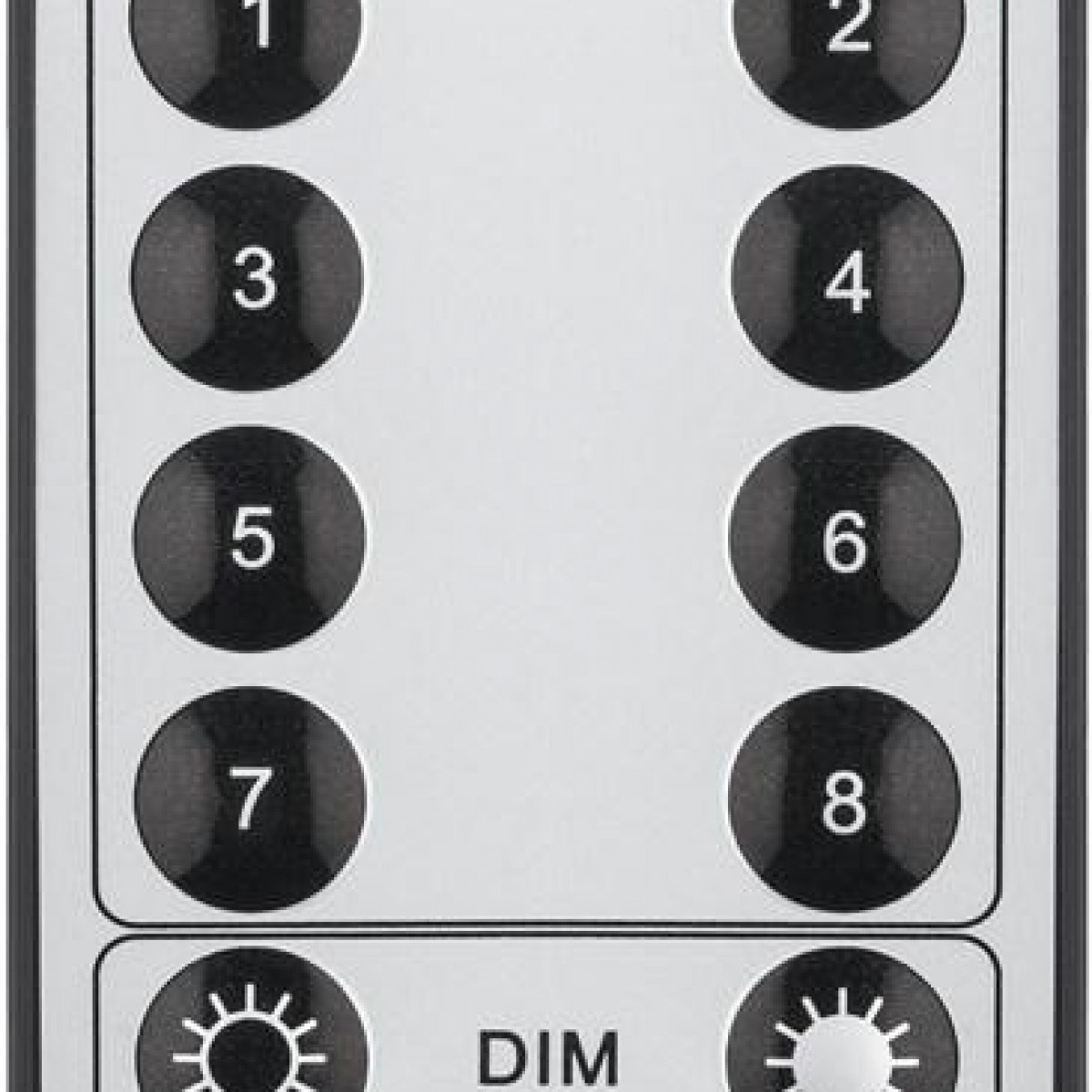 Telecomando con pulsanti numerati. Sono visibili anche i comandi dimmer. Il telecomando è argento e nero.