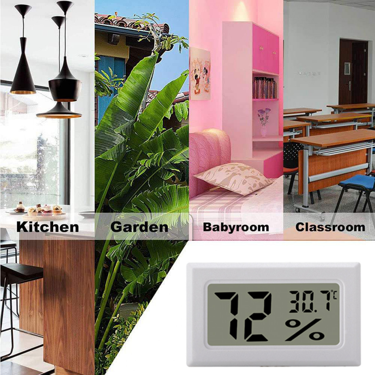 Cztery obrazy: kuchnia, ogród, pokój dziecka i klasa, plus wyświetlacz termometru cyfrowego.