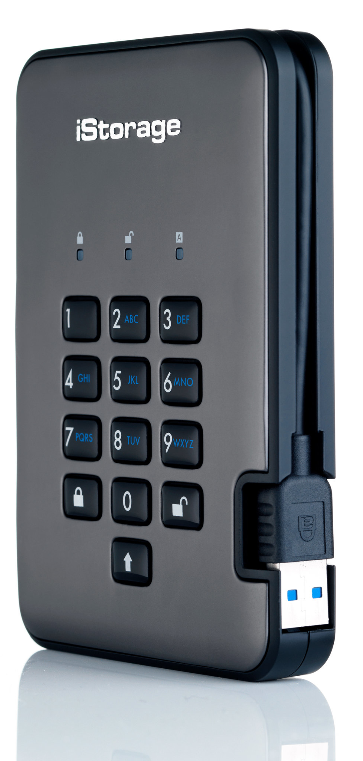 Szare urządzenie iStorage z klawiaturą, kablem USB i logo iStorage.