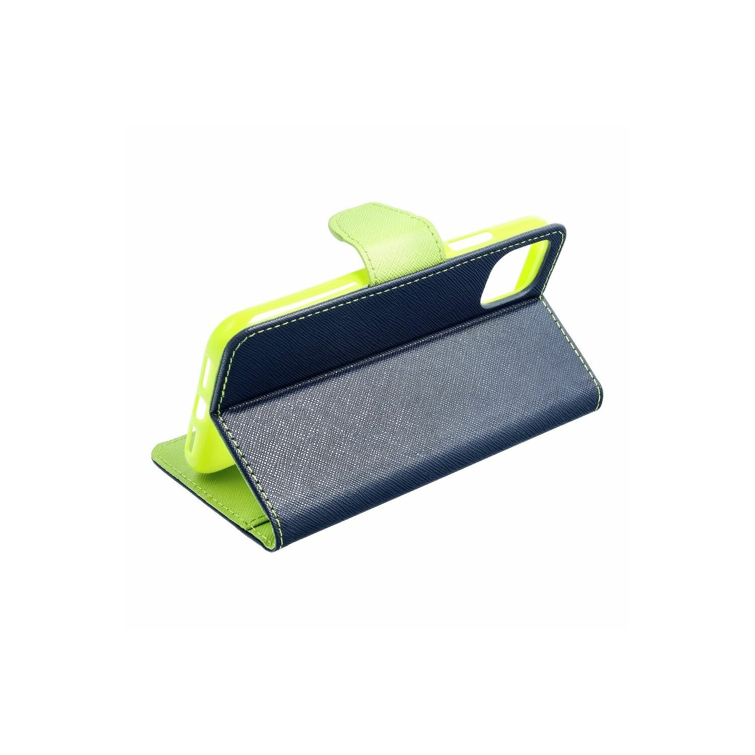 Una custodia per telefono con un telefono all'interno, aperta, con un design blu e verde.