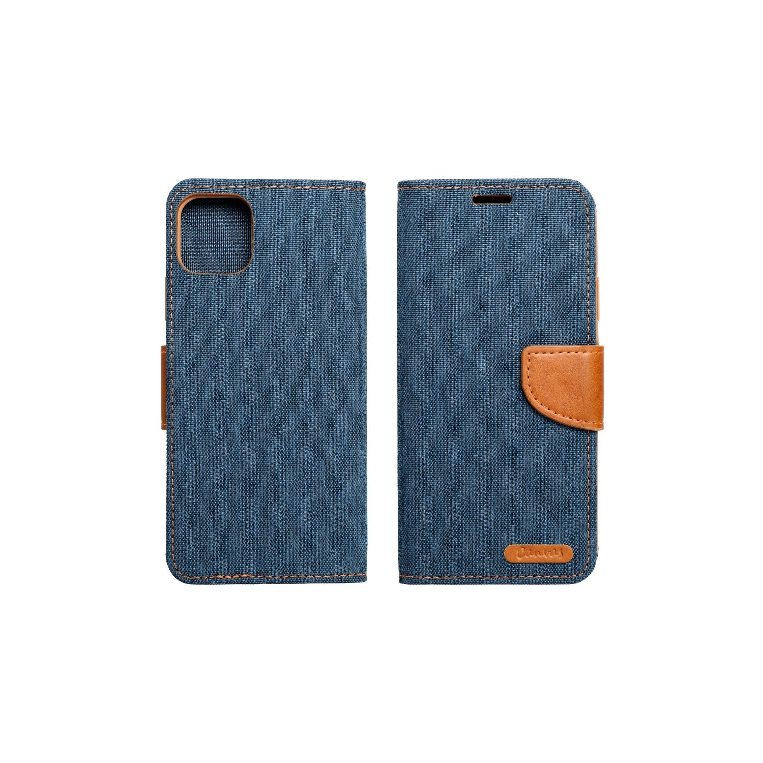 Custodia per telefono in denim blu, aperta, con una sezione in pelle marrone. Il telefono non è all'interno.