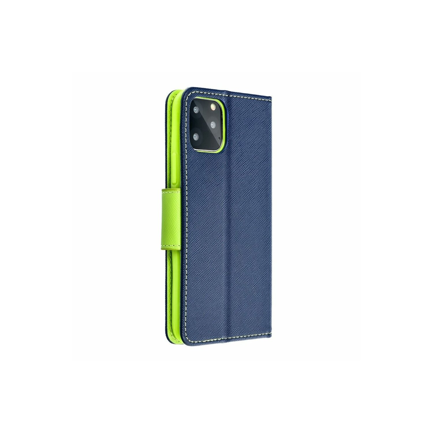 Custodia per telefono blu con bordo verde. La custodia è chiusa e ha un ritaglio per la fotocamera.