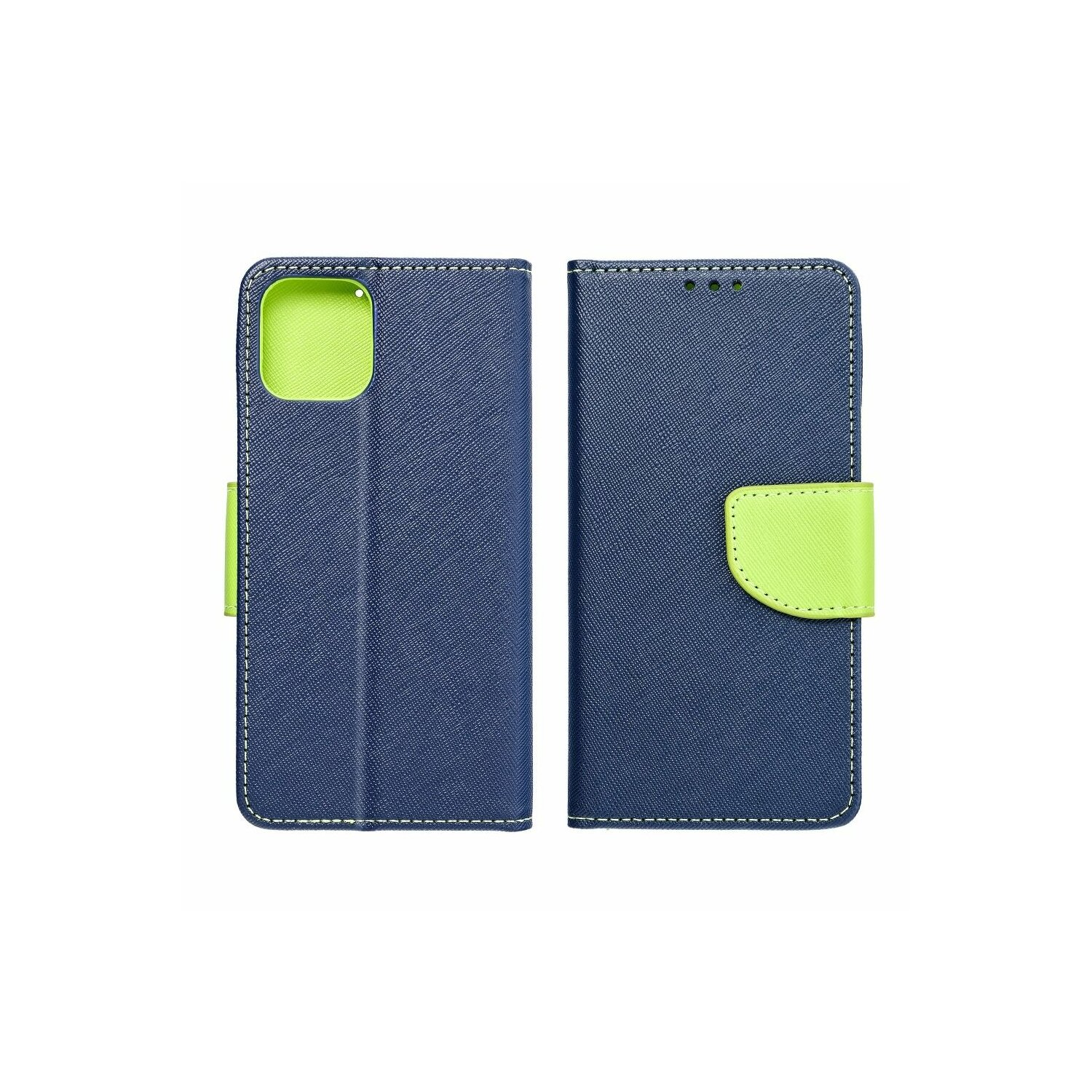 Custodia blu navy con accento verde. Vista aperta.